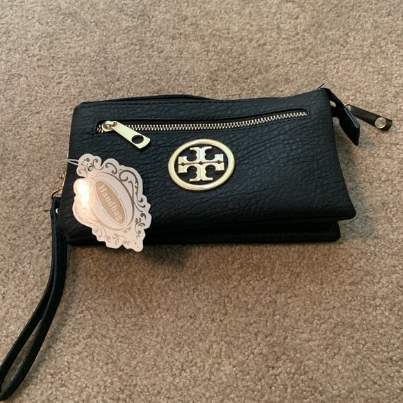Handbags - Black and gold clutch with crossbody strap